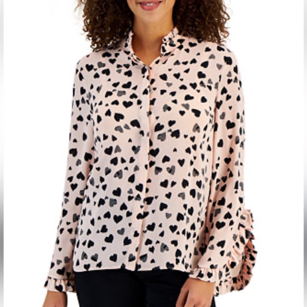 Tahari pink black heart print bell sleeves button down raffle  blouse size S new